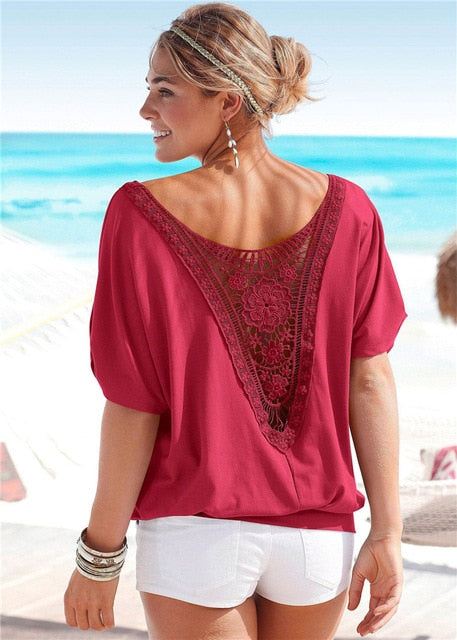 Plus Size Tops Blouse Shirt XXXXL 5XL Lace Hollow Red Black Casual Women Summer Ladies Fashion Clothing Female Woman Clothes