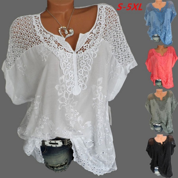 2021 Summer Short Sleeve Womens Blouses And Tops Loose White Lace Patchwork Shirt Plus Size 4xl 5xl Women Tops Casual Clothes
