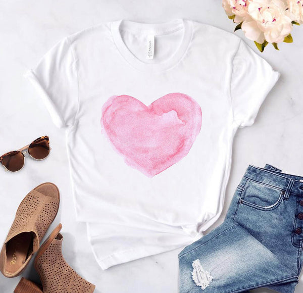 Heart flower print ladies T-shirt ladies casual basis O-collar white shirt short sleeve ladies T-shirt love graphic printing