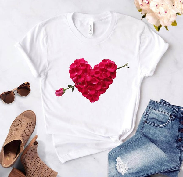 Heart flower print ladies T-shirt ladies casual basis O-collar white shirt short sleeve ladies T-shirt love graphic printing