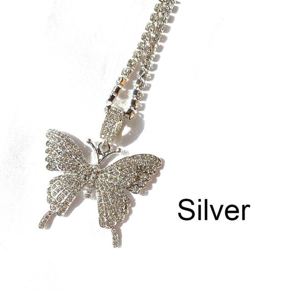 StoneFans Cute Butterfly Necklace Pendant Chain for Women Shining MINI ICED DETTA Rhinestone Necklace Pink Wholesale Jewelry