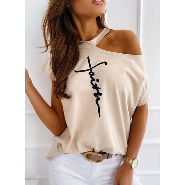 Plus Size Women Summer Letter Print T-shirt Sexy off shoulders o-neck Short-Sleeved Tshirt Fashion Lady Street Casual White Tops
