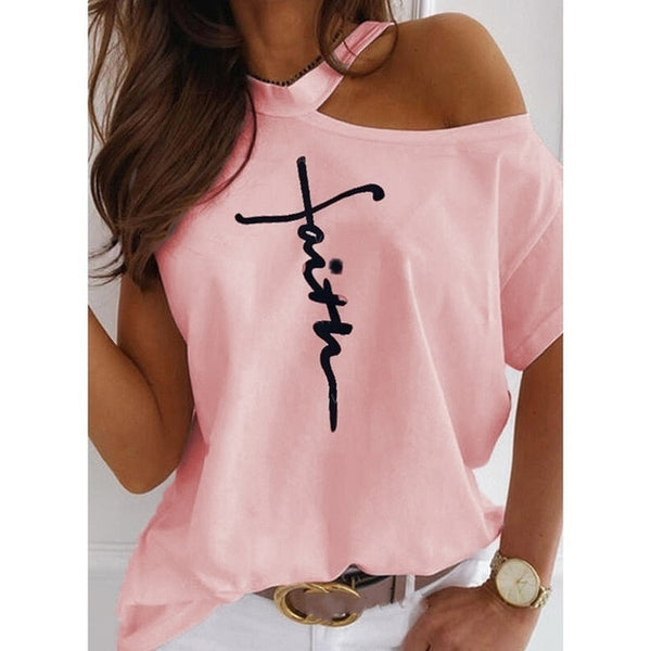 Plus Size Women Summer Letter Print T-shirt Sexy off shoulders o-neck Short-Sleeved Tshirt Fashion Lady Street Casual White Tops