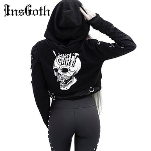 InsGoth Women Gothic Cropped Hoodies Sweatshirts Skull Printed Black Loose Short Hoodies Mesh Patchwork Female Streetwear Hooded