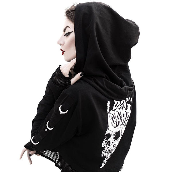 InsGoth Women Gothic Cropped Hoodies Sweatshirts Skull Printed Black Loose Short Hoodies Mesh Patchwork Female Streetwear Hooded