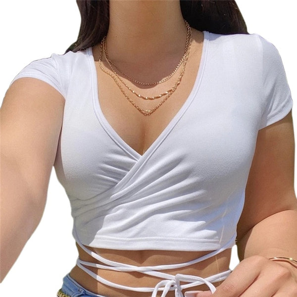2020 Summer Solid V Neck T Shirts Women Short Sleeve Short Tops Crop Tops Ladies Casual Tops Tees Female Shirts White Pink