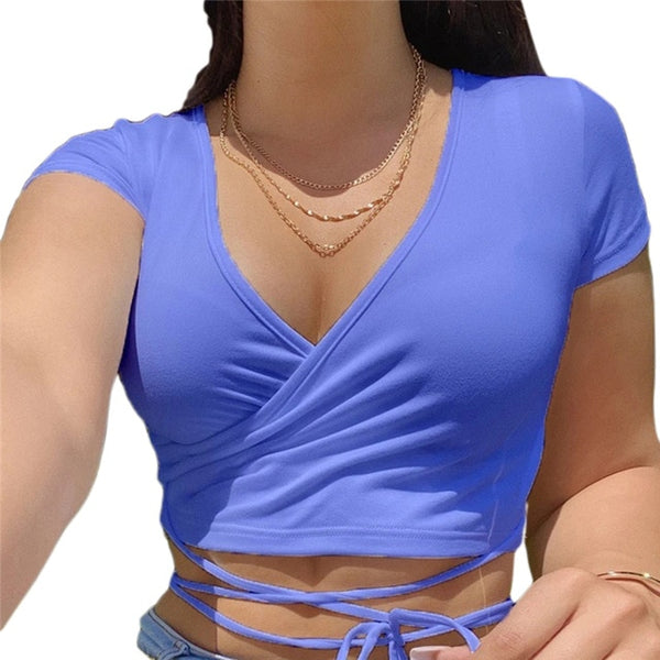 2020 Summer Solid V Neck T Shirts Women Short Sleeve Short Tops Crop Tops Ladies Casual Tops Tees Female Shirts White Pink