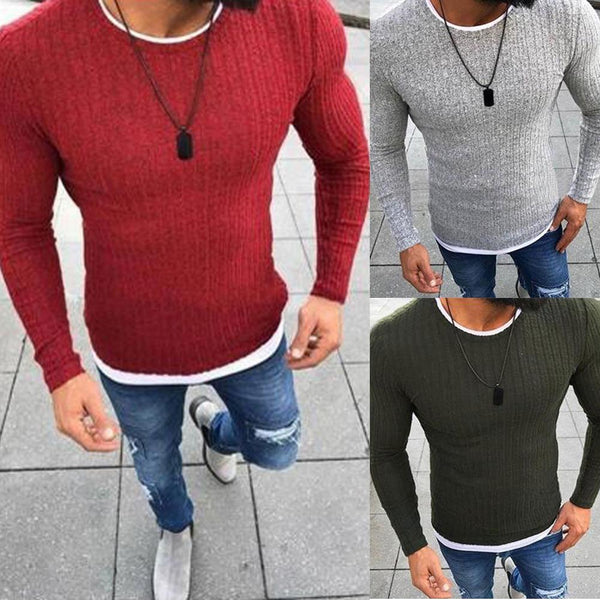 Men's T shirt Winter Basic Solid Color O Neck Long Sleeve Knitted Pullover Slim Thin Sweater Plus Size Black Red Spring Autumn