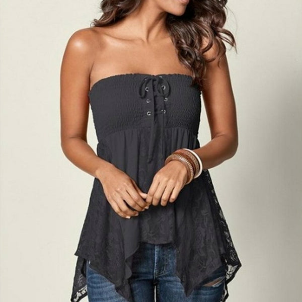 Sexy Bandage Blouse Shirt Women Tube Slash Neck Womens Tops and Blouses Fashion Lace Summer Top Tee Casual Sleeveless Clothes