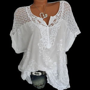 2021 Summer Short Sleeve Womens Blouses And Tops Loose White Lace Patchwork Shirt Plus Size 4xl 5xl Women Tops Casual Clothes