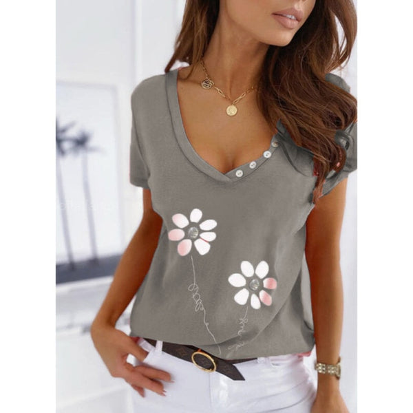Summer Women's Loose Casual Tops Solid Color Printing V-neck Short-sleeved T-shirt for Women Fashion Cotton Plus Size Clothing