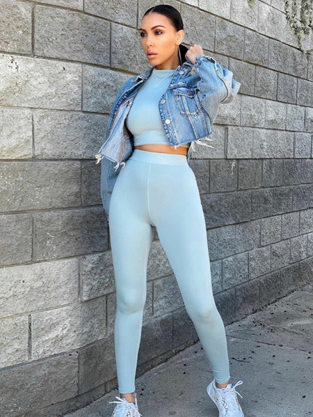 Two Piece Sets Women Solid Autumn Tracksuits High Waist Stretchy Sportswear Hot Crop Tops And Leggings Matching Outfits