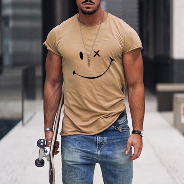 2021 Summer Casual Short Sleeve T-Shirts For Mens Fashion Smiley Face Print O-Neck Pullover Tops Plus Size Male Tee Streetwear