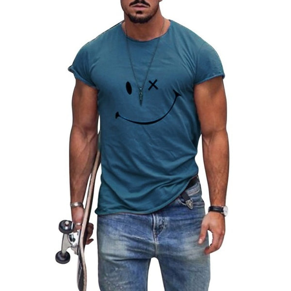 2021 Summer Casual Short Sleeve T-Shirts For Mens Fashion Smiley Face Print O-Neck Pullover Tops Plus Size Male Tee Streetwear