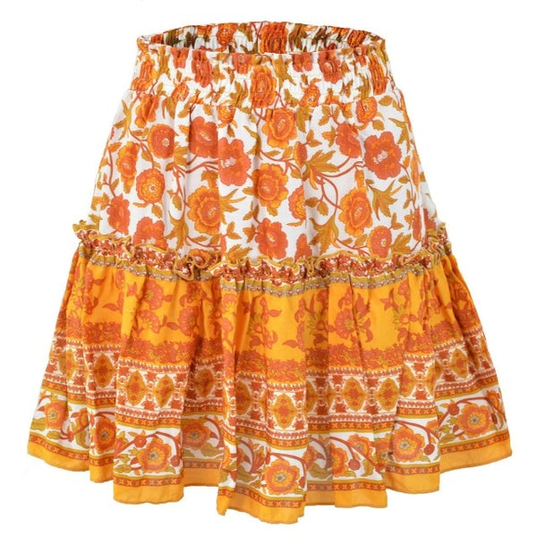 Women Skirt Printed Bohemian Ethnic Style Ruffled Elastic Band Small Fresh Short Skirt Womens Fashion Clothing Юбка
