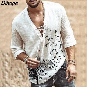Men's Fashion Hippie Linen Shirt Bird Printed Casual Middle Sleeve V Neck Summer Beach Loose Tee Tops Solid Color T shirts 2021