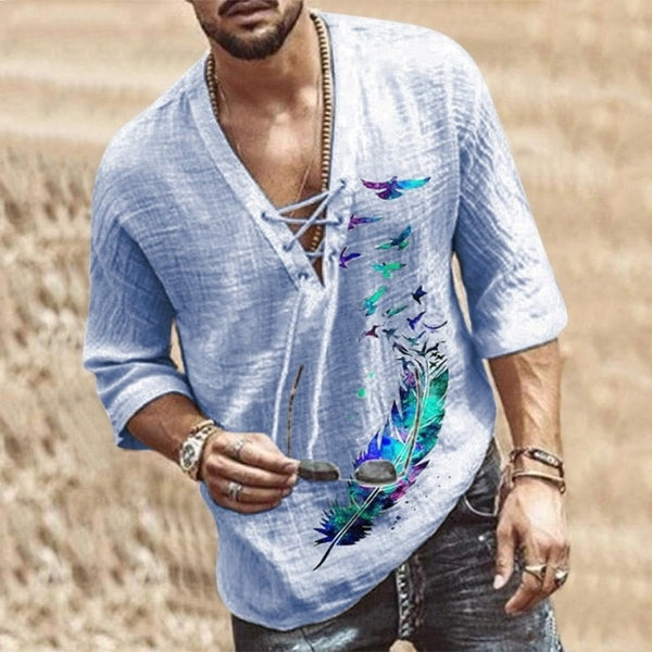Men's Fashion Hippie Linen Shirt Bird Printed Casual Middle Sleeve V Neck Summer Beach Loose Tee Tops Solid Color T shirts 2021