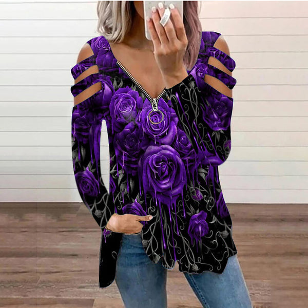 Gradient Rose Flower Tshirts For Women 2021 Fall Hollow Long Sleeve Zipper V-neck T-shirt Casual Loose Basic Top Camisetas Mujer