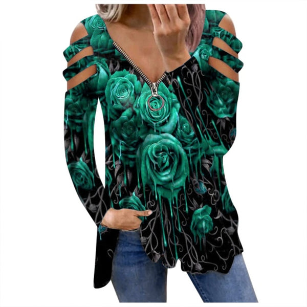 Gradient Rose Flower Tshirts For Women 2021 Fall Hollow Long Sleeve Zipper V-neck T-shirt Casual Loose Basic Top Camisetas Mujer