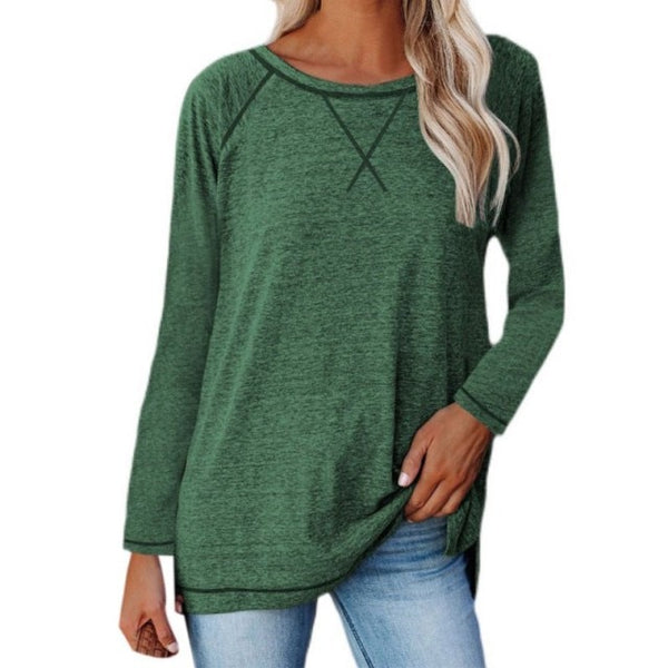 Autumn Women's Regular Cotton Contrast Line Top New Round Neck Long-sleeved Solid Color Loose Casual T-shirt