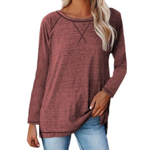 Autumn Women's Regular Cotton Contrast Line Top New Round Neck Long-sleeved Solid Color Loose Casual T-shirt