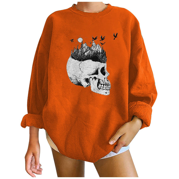 Women's Winter Casual Round Neck Solid Color Halloween Print Long Sleeve Tops пуховик женский 2021 зима худи в стиле Харадзюку
