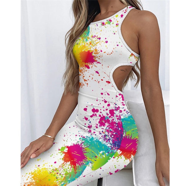 Casual Printed Women’s Tee Shirt Dress Summer Sheath Sleeveless Tunic Dresses For Women 2021 Sexy Open Back Bodycon Dress